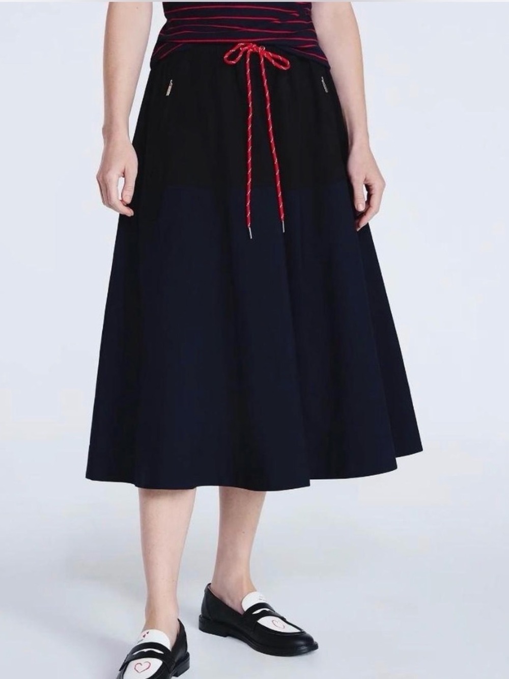 Two-Tone Navy and Black Maxi Skirt with Red Drawstring